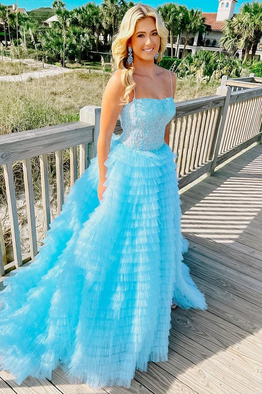 Roycebridal Caroline | Vestido de fiesta con volantes, corte A y tirantes finos, corsé