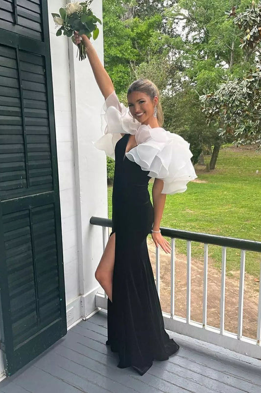 Vestido de fiesta de terciopelo con escote en V y abertura de sirena