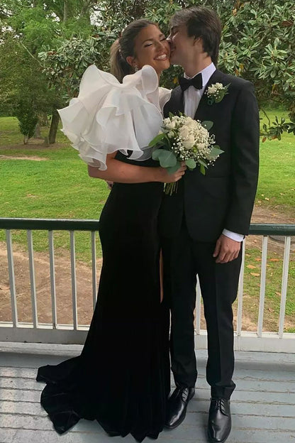 Vestido de fiesta de terciopelo con escote en V y abertura de sirena