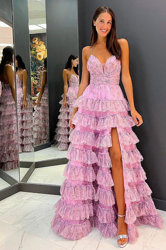 Roycebridal Lena | Vestido de fiesta de tul estampado con volantes y tirantes finos en corte A