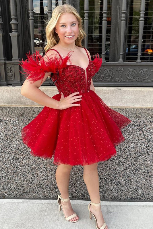 Anna | A-Linien-Homecoming-Kleid aus funkelndem Tüllkorsett mit Federn