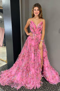 Abito da sera in tulle stampato floreale con scollo a cuore e spacco, linea a trapezio