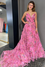 Abito da sera in tulle stampato floreale con scollo a cuore e spacco, linea a trapezio