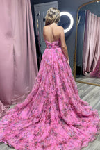 Abito da sera in tulle stampato floreale con scollo a cuore e spacco, linea a trapezio