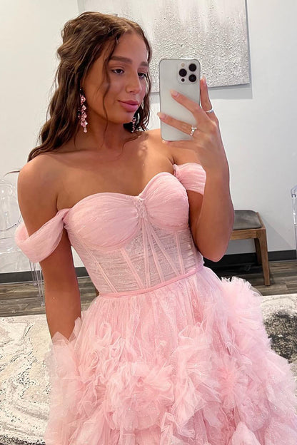 Roycebridal Kenia | Vestido de fiesta de tul con volantes, hombros descubiertos y abertura