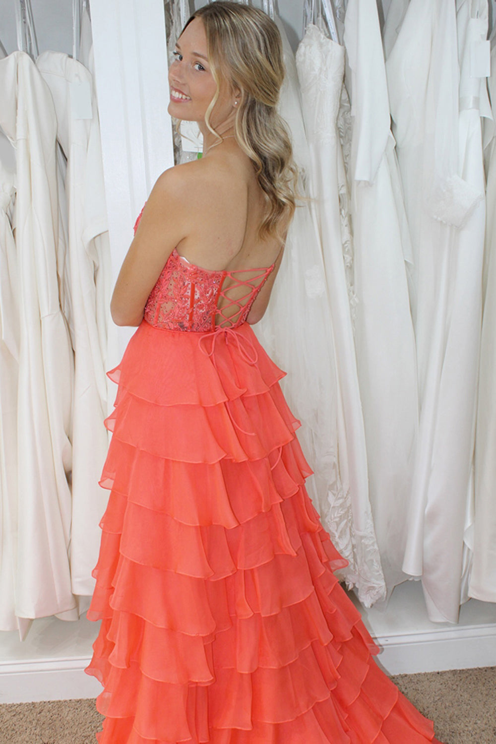 Light Blue A Line Sweetheart Chiffon Prom Dress With Tiered Ruffles Appliques