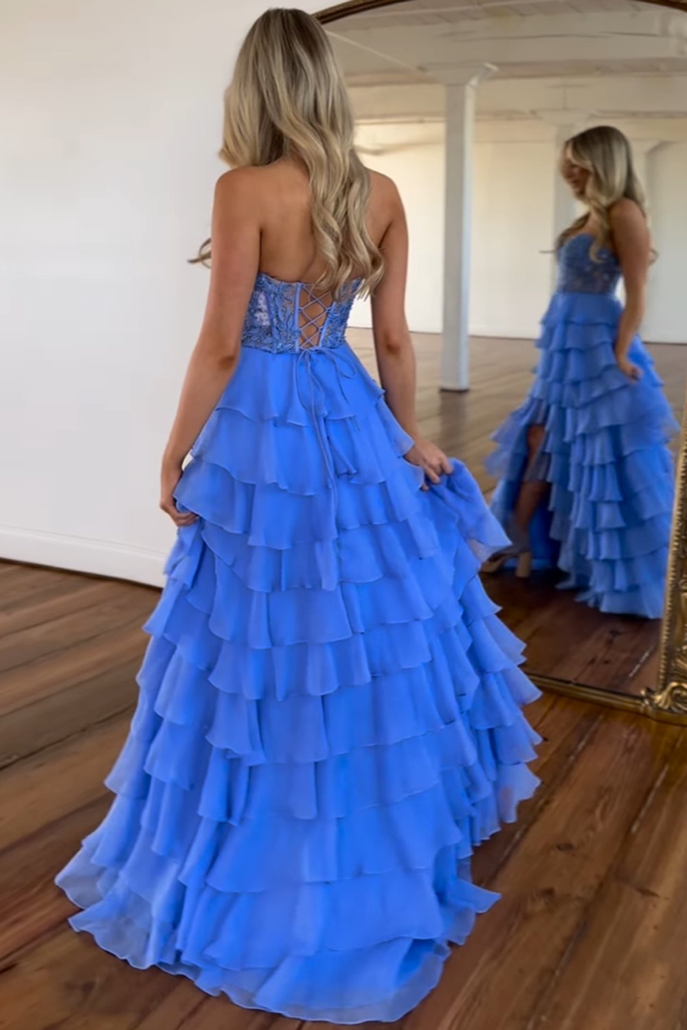 Light Blue A Line Sweetheart Chiffon Prom Dress With Tiered Ruffles Appliques