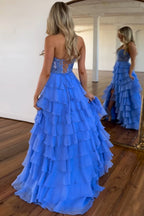 Light Blue A Line Sweetheart Chiffon Prom Dress With Tiered Ruffles Appliques