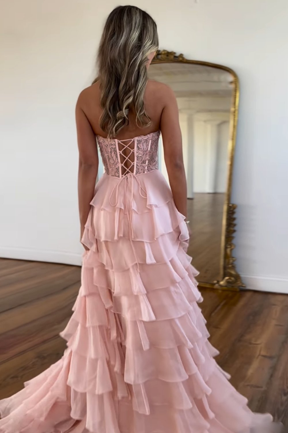Light Blue A Line Sweetheart Chiffon Prom Dress With Tiered Ruffles Appliques