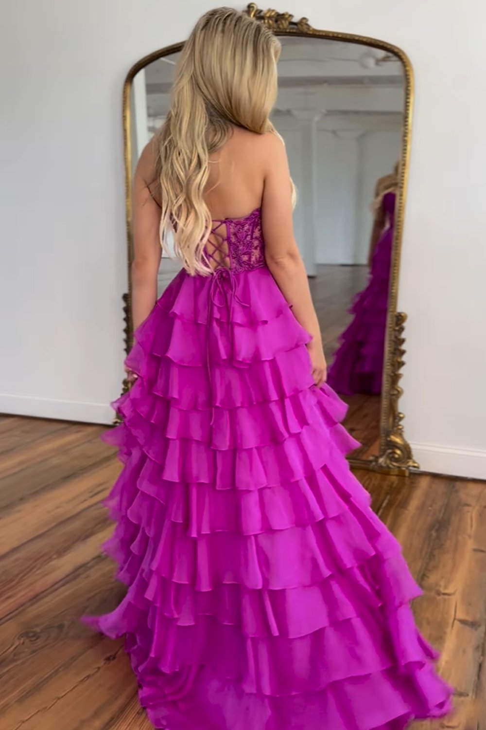 Light Blue A Line Sweetheart Chiffon Prom Dress With Tiered Ruffles Appliques