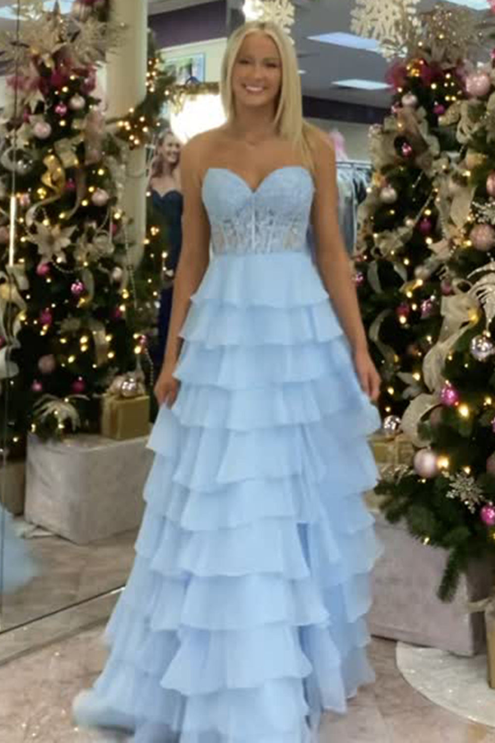 Light Blue A Line Sweetheart Chiffon Prom Dress With Tiered Ruffles Appliques