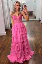 Light Blue A Line Sweetheart Chiffon Prom Dress With Tiered Ruffles Appliques