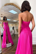 Fuchsia Pleated A Line Sweetheart Keyhole Long Prom Dress With Slit