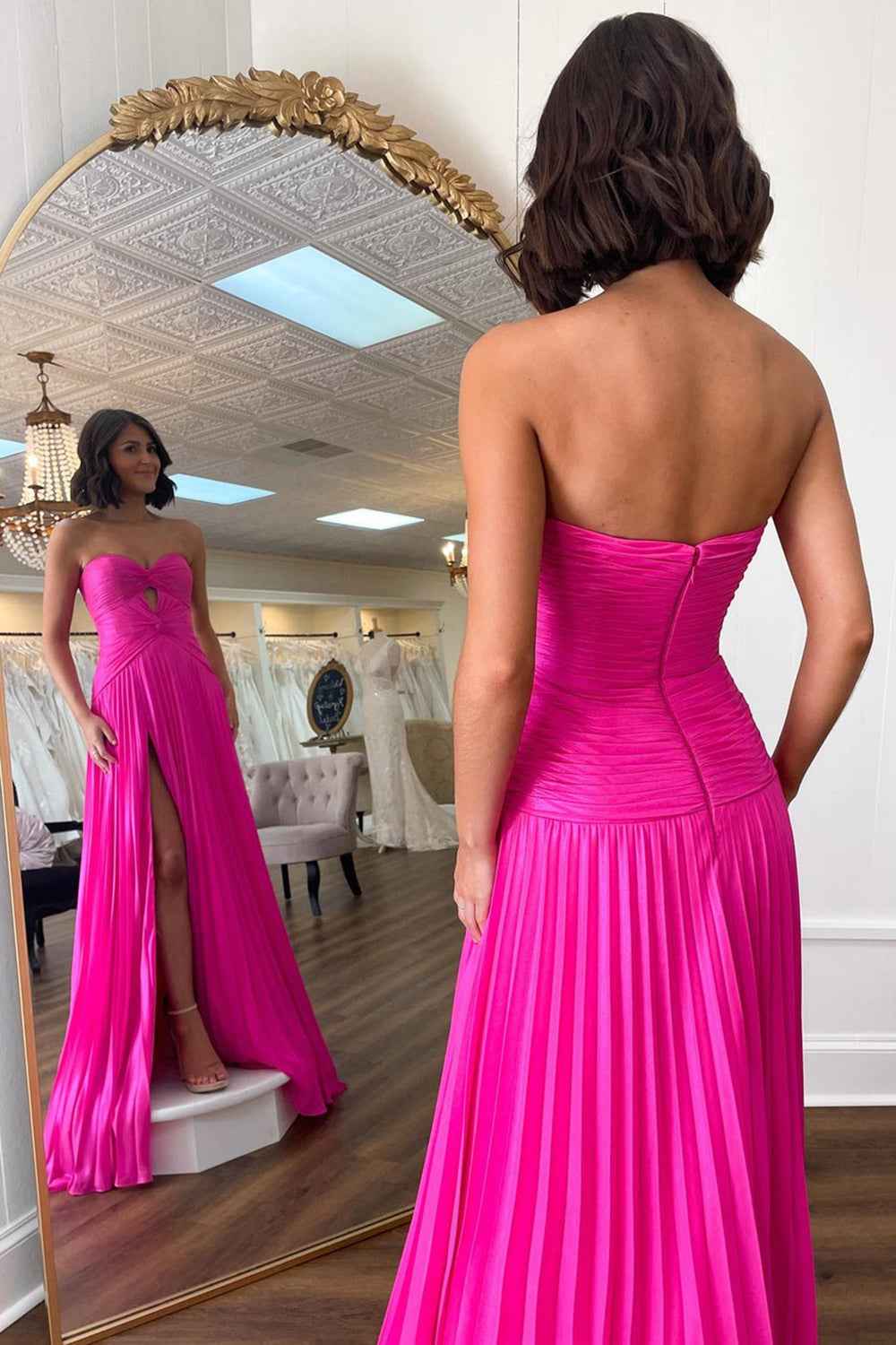 Fuchsia Pleated A Line Sweetheart Keyhole Long Prom Dress With Slit