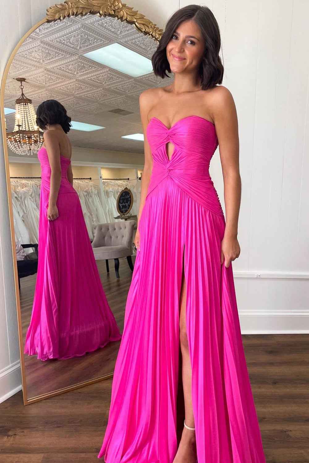 Fuchsia Pleated A Line Sweetheart Keyhole Long Prom Dress With Slit
