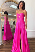 Fuchsia Pleated A Line Sweetheart Keyhole Long Prom Dress With Slit