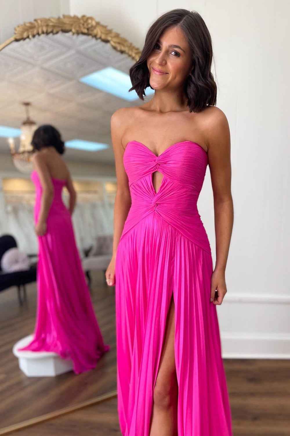 Fuchsia Pleated A Line Sweetheart Keyhole Long Prom Dress With Slit
