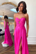 Fuchsia Pleated A Line Sweetheart Keyhole Long Prom Dress With Slit