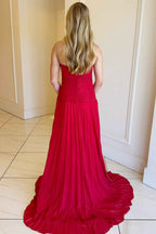 Fuchsia Pleated A Line Sweetheart Keyhole Long Prom Dress With Slit