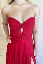Fuchsia Pleated A Line Sweetheart Keyhole Long Prom Dress With Slit