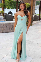 Fuchsia Pleated A Line Sweetheart Keyhole Long Prom Dress With Slit