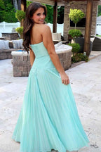 Fuchsia Pleated A Line Sweetheart Keyhole Long Prom Dress With Slit