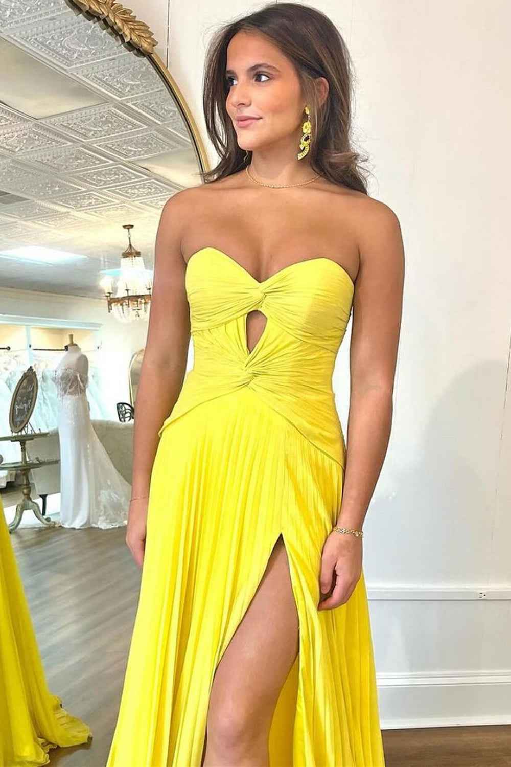 Fuchsia Pleated A Line Sweetheart Keyhole Long Prom Dress With Slit