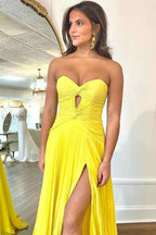 Fuchsia Pleated A Line Sweetheart Keyhole Long Prom Dress With Slit
