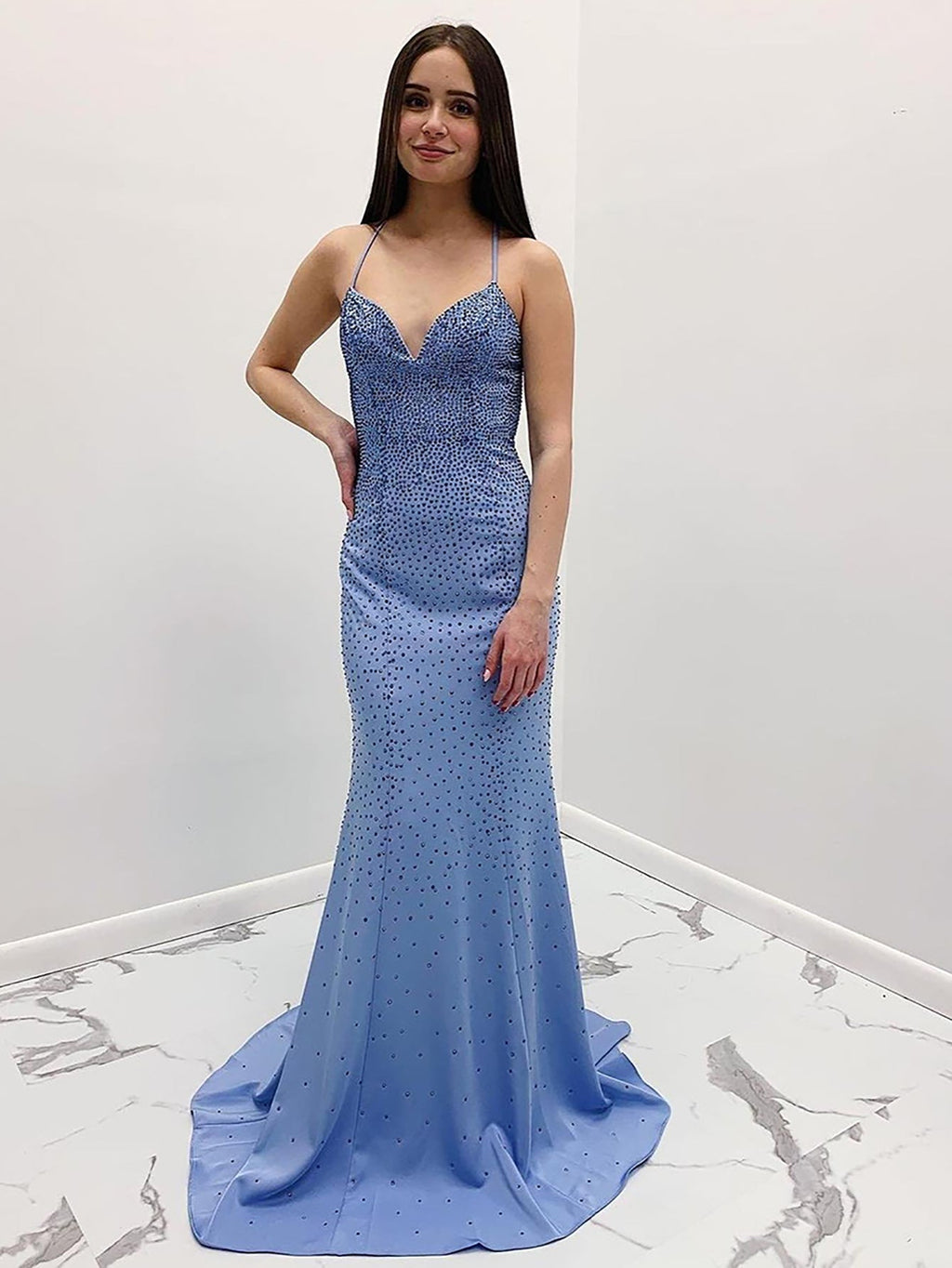 Mermaid Blue V-Neck Long Prom Dress
