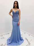 Mermaid Blue V-Neck Long Prom Dress