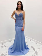 Mermaid Blue V-Neck Long Prom Dress