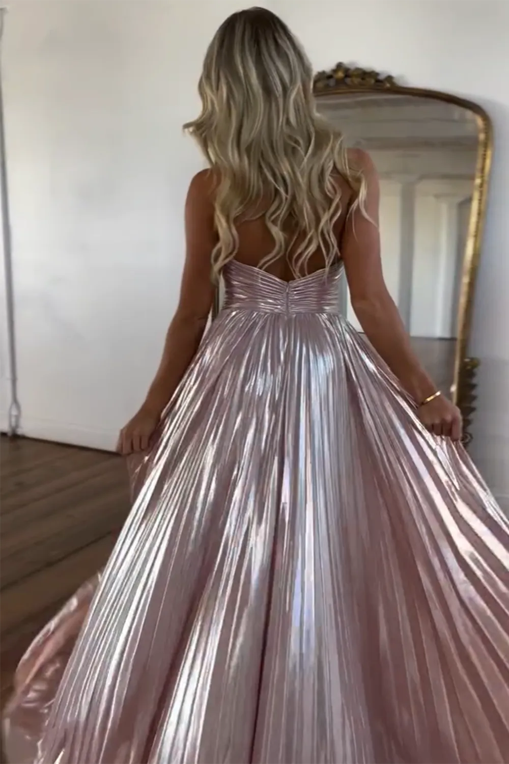 Metallic Blush A-Line Pleated Long Prom Dress Halter Neck Party Gown With Side Slit