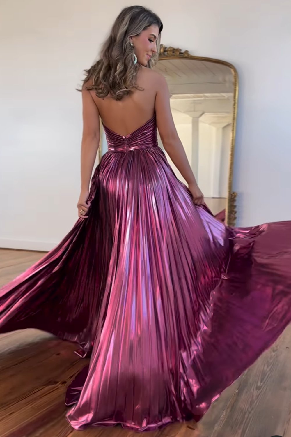 Metallic Blush A-Line Pleated Long Prom Dress Halter Neck Party Gown With Side Slit