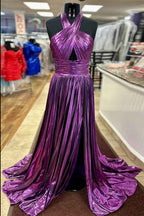 Metallic Blush A-Line Pleated Long Prom Dress Halter Neck Party Gown With Side Slit