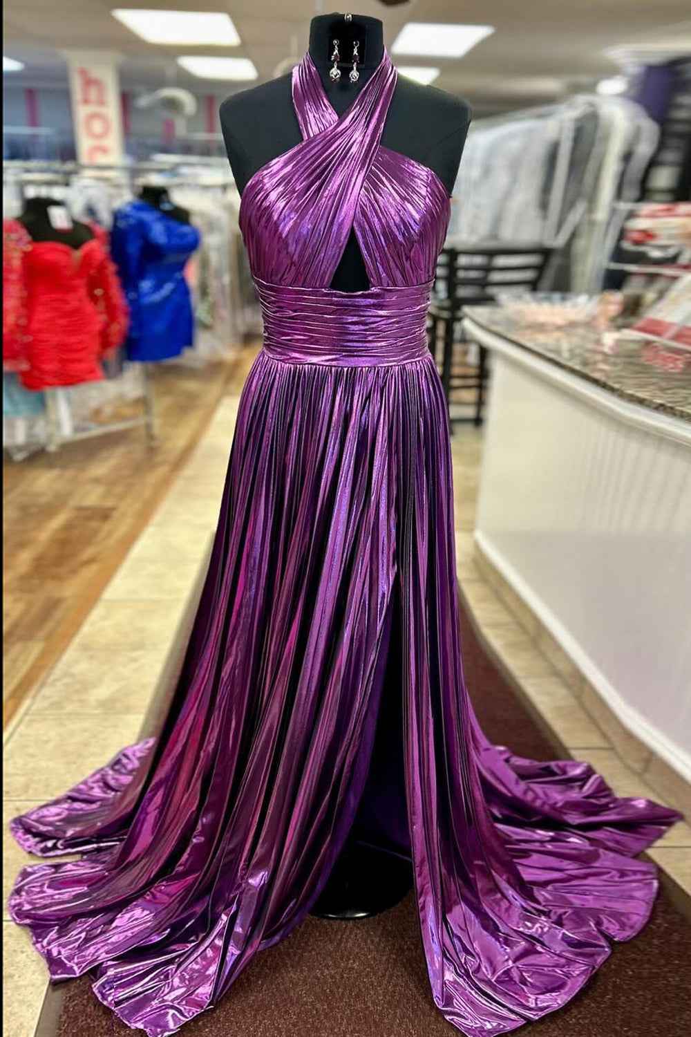 Metallic Blush A-Line Pleated Long Prom Dress Halter Neck Party Gown With Side Slit