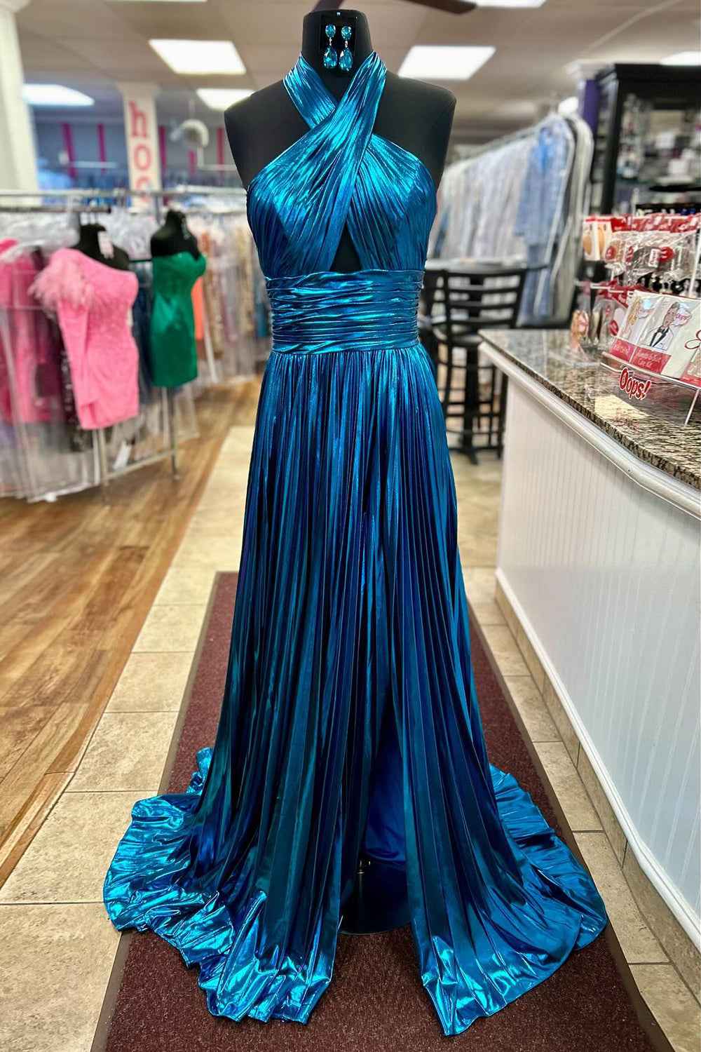 Metallic Blush A-Line Pleated Long Prom Dress Halter Neck Party Gown With Side Slit