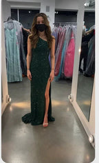 Vestido de Festa Verde com Brilho, Ombro Único, Modelo Tubo/Coluna, Encantador e Formal, com Fenda Lateral Y509
