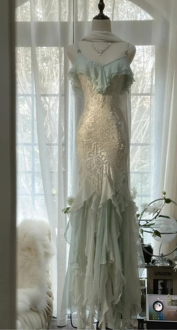 Abito da sera formale elegante verde menta temperamento sirena con spalline sottili in chiffon e perline, abito da ballo Y8546