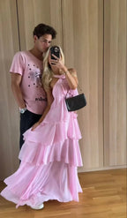 Abito da sera rosa a balze a linea ad A per donna, abito da ballo rosa senza schienale Y4532