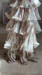 Abito da sera elegante in chiffon stampato floreale a linea ad A, senza schienale, scollo a V, con collo all'americana e strati, modello Y8501