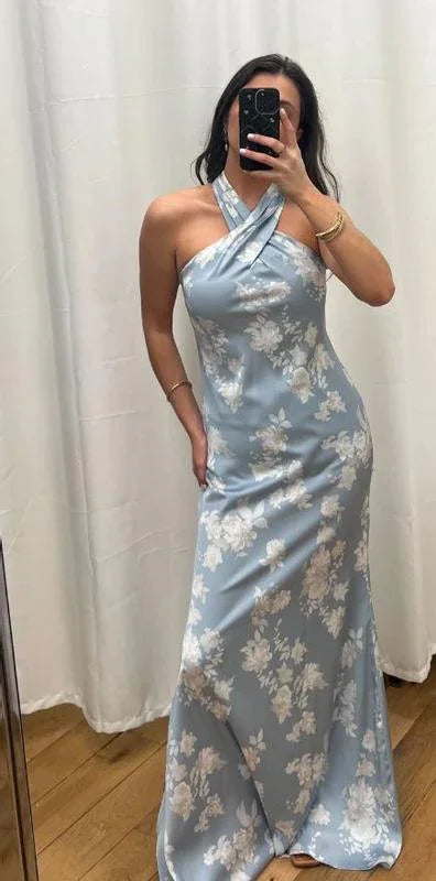 Bellissimo abito lungo da sera con stampa in raso blu navy a collo halter Y8453