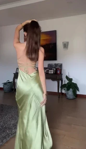 Vestido de noite simples verde com alças finas, fenda alta, corte em linha A, costas descobertas, vestido de baile Y8433