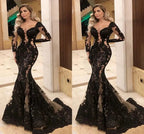 vestidos modestos pretos para baile de finalistas com mangas compridas, aplicação de renda, vestido de noite elegante, vestidos formais S11019
