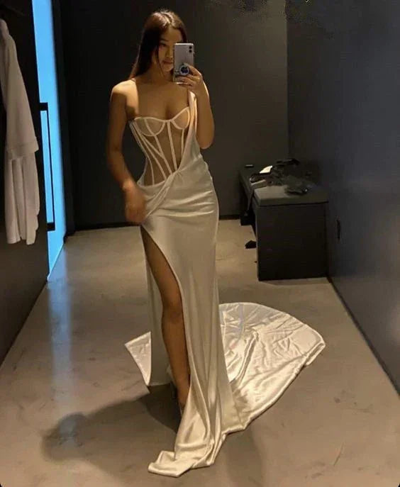Abito lungo da sera bianco monospalla con spacco alto, abito da ballo sexy Y189