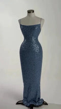 Hermoso vestido largo de fiesta azul con lentejuelas y cuentas, vestido formal de noche Y8512