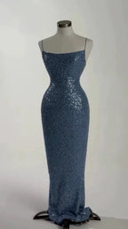 Hermoso vestido largo de fiesta azul con lentejuelas y cuentas, vestido formal de noche Y8512