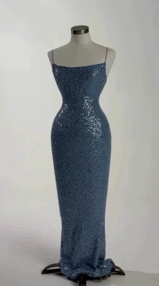 Hermoso vestido largo de fiesta azul con lentejuelas y cuentas, vestido formal de noche Y8512