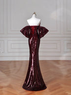 Incantevole abito da sera color bordeaux con paillettes, scollo a barca e gonna a sirena Y8639