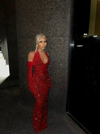 Vestido de Baile Vermelho com Lantejoulas, Alças ao Pescoço, Sexy para Rapariga Negra, Vestido Longo de Sereia para Noite Y7822