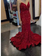 Abito da sera rosso con paillettes a sirena per ballo di fine anno, abito luccicante per festa Y274